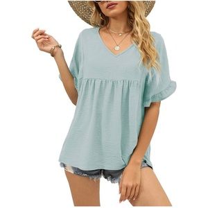 Casual V Neck Ruffle Sleeve Babydoll Loose Fit Peplum T-Shirt